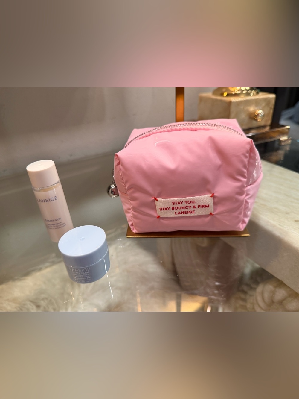 Laneige new Pink Puffy Cosmetic Pouch - Soft Pink Travel Makeup Bag